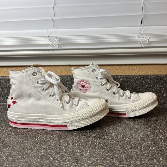 Converse All Star Hi-Top Youth Girl Sz 3 Canvas Sneaker White/Red Heart Platform - Picture 4 of 11